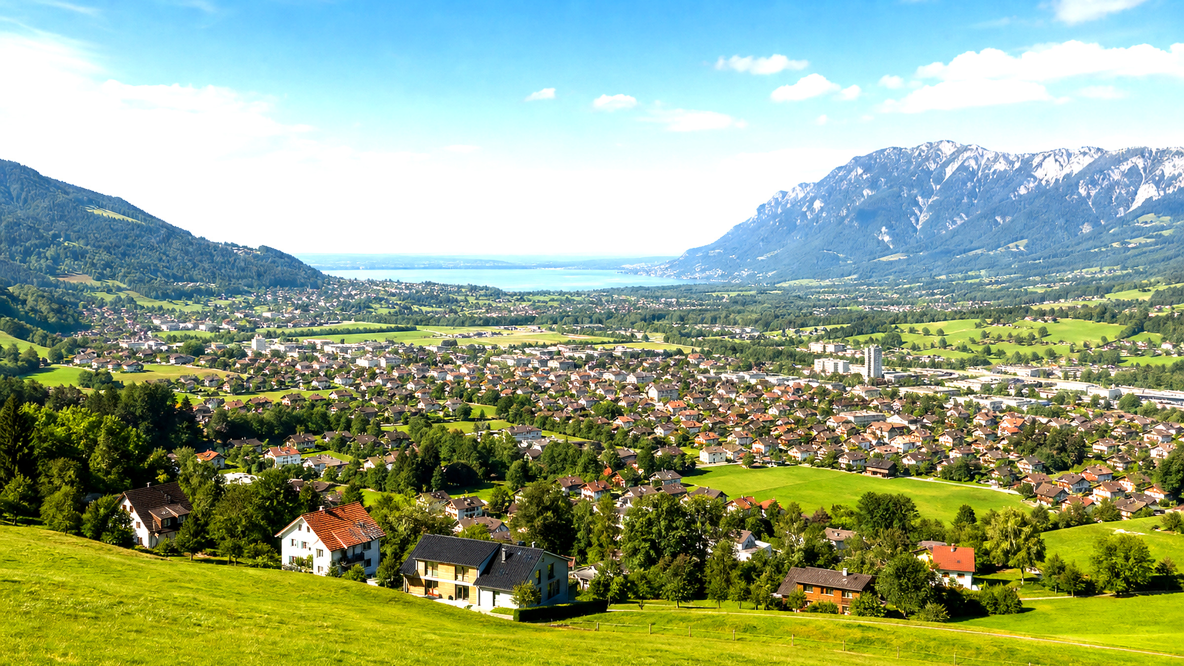 Vorarlberger Siedlungslandschaft im Rheintal mit Bergen im Hintergrund